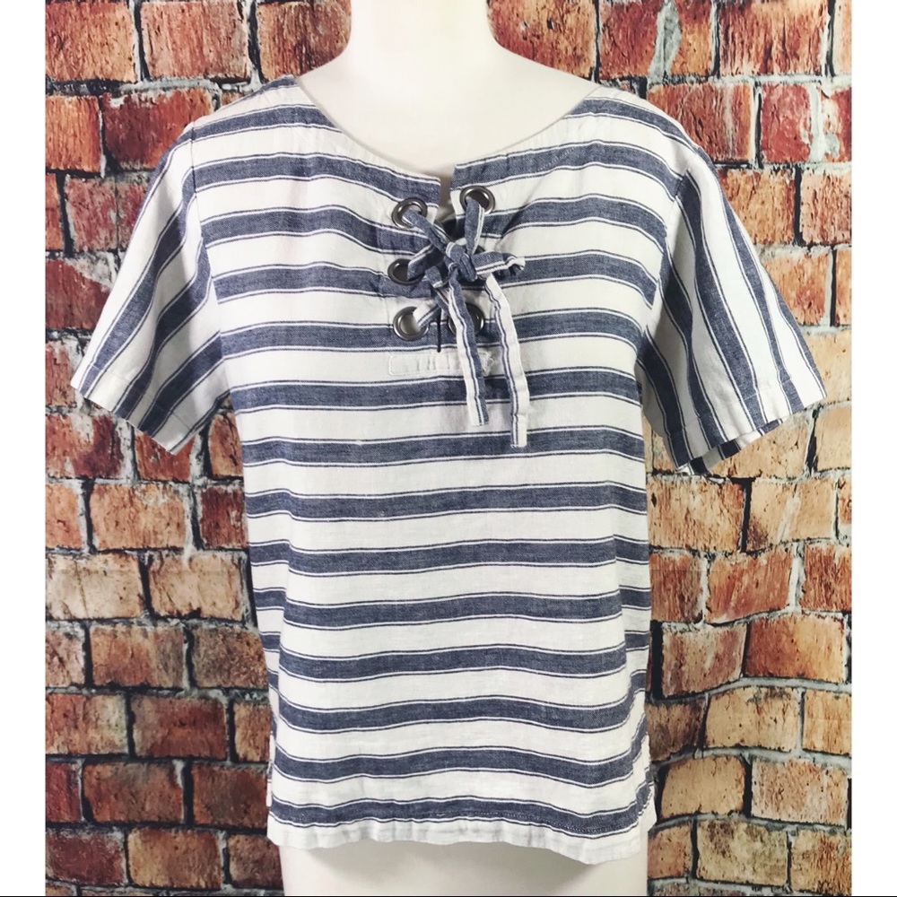 Madewell Nautical Striped Lace Up Linen Cotton Top - Picture 2 of 7